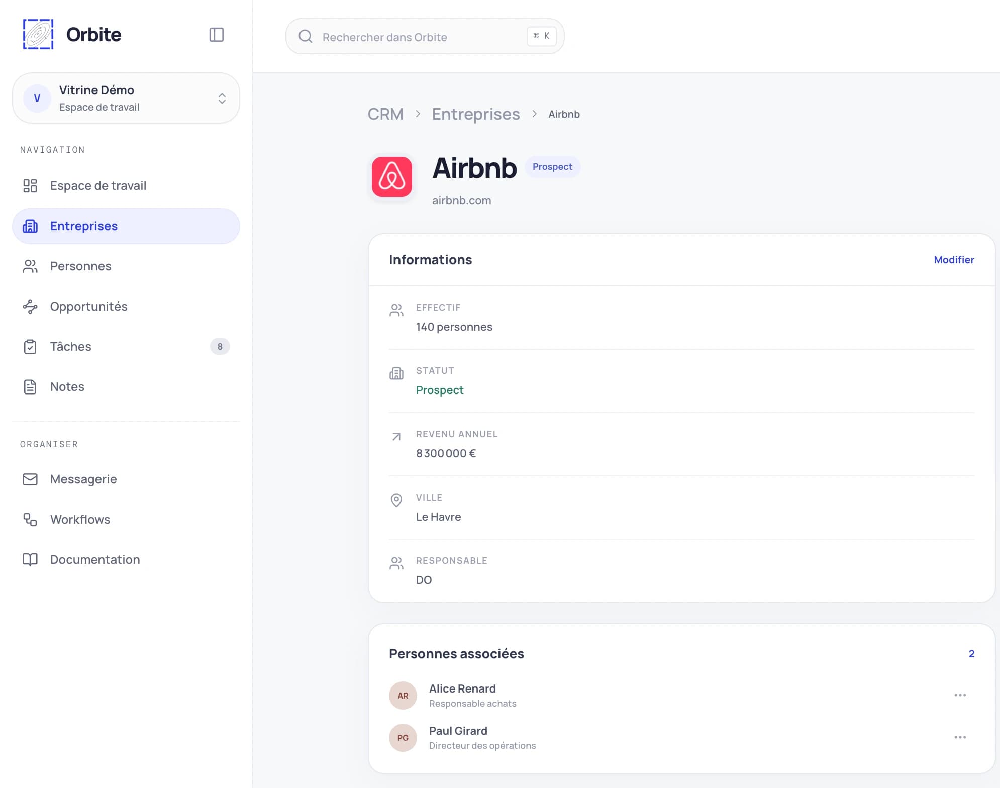 Fiche détail d'une entreprise — informations, contacts associés