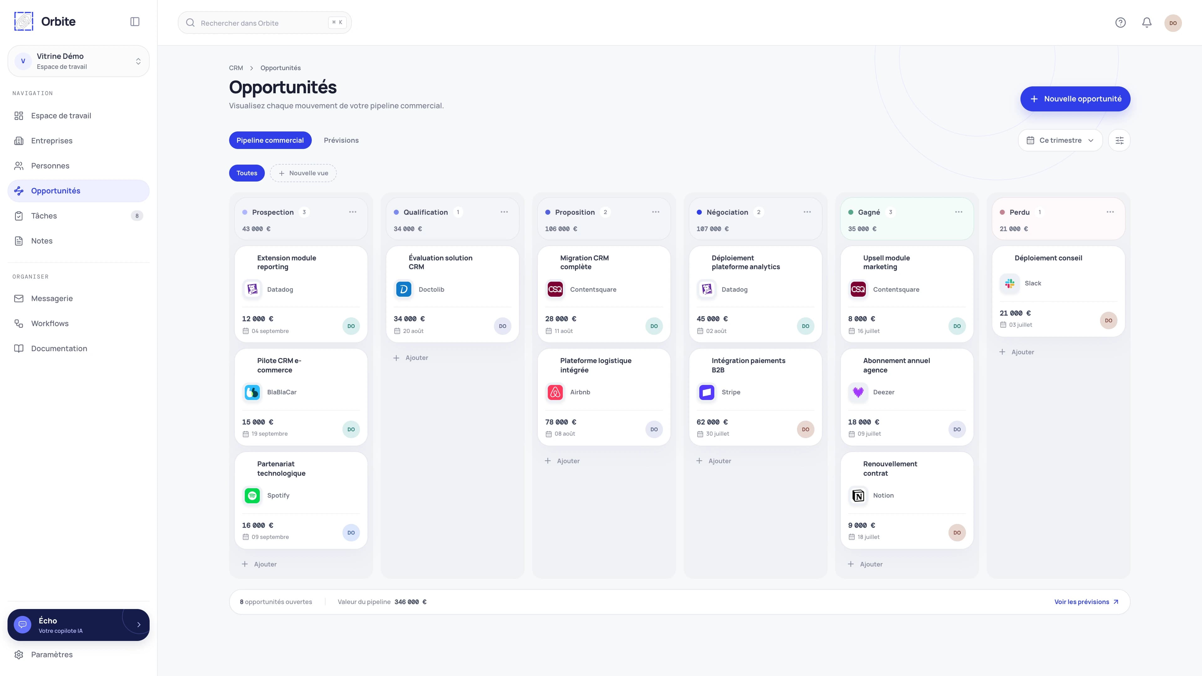 Pipeline commercial Orbite CRM en vue Kanban, par étape