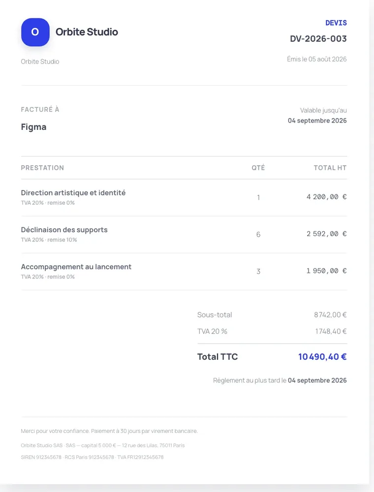 Édition d'un devis dans Orbite CRM : lignes de prestation, TVA, remises et aperçu du document